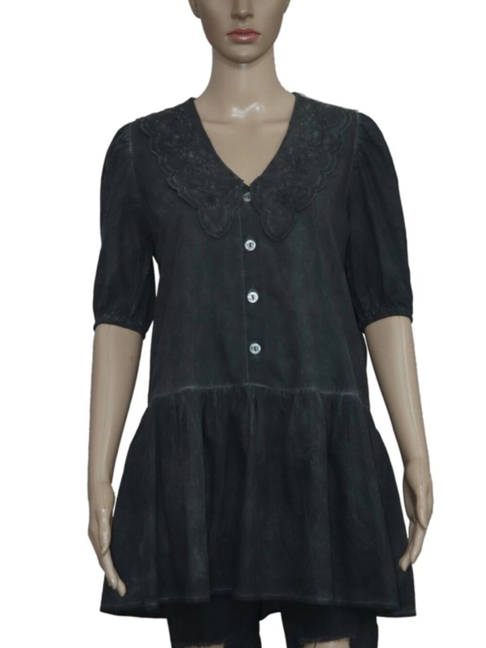 Anthropologie Floral Embroidered Tie Dye Button Front Mini Dress M